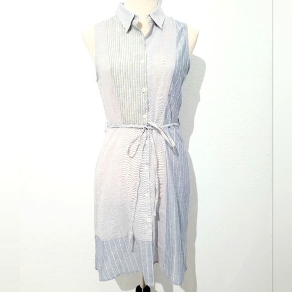 Hem & Thread Sleeveless Shirt Dress Size Small Blue Striped Button Front Tie - Picture 1 of 8
